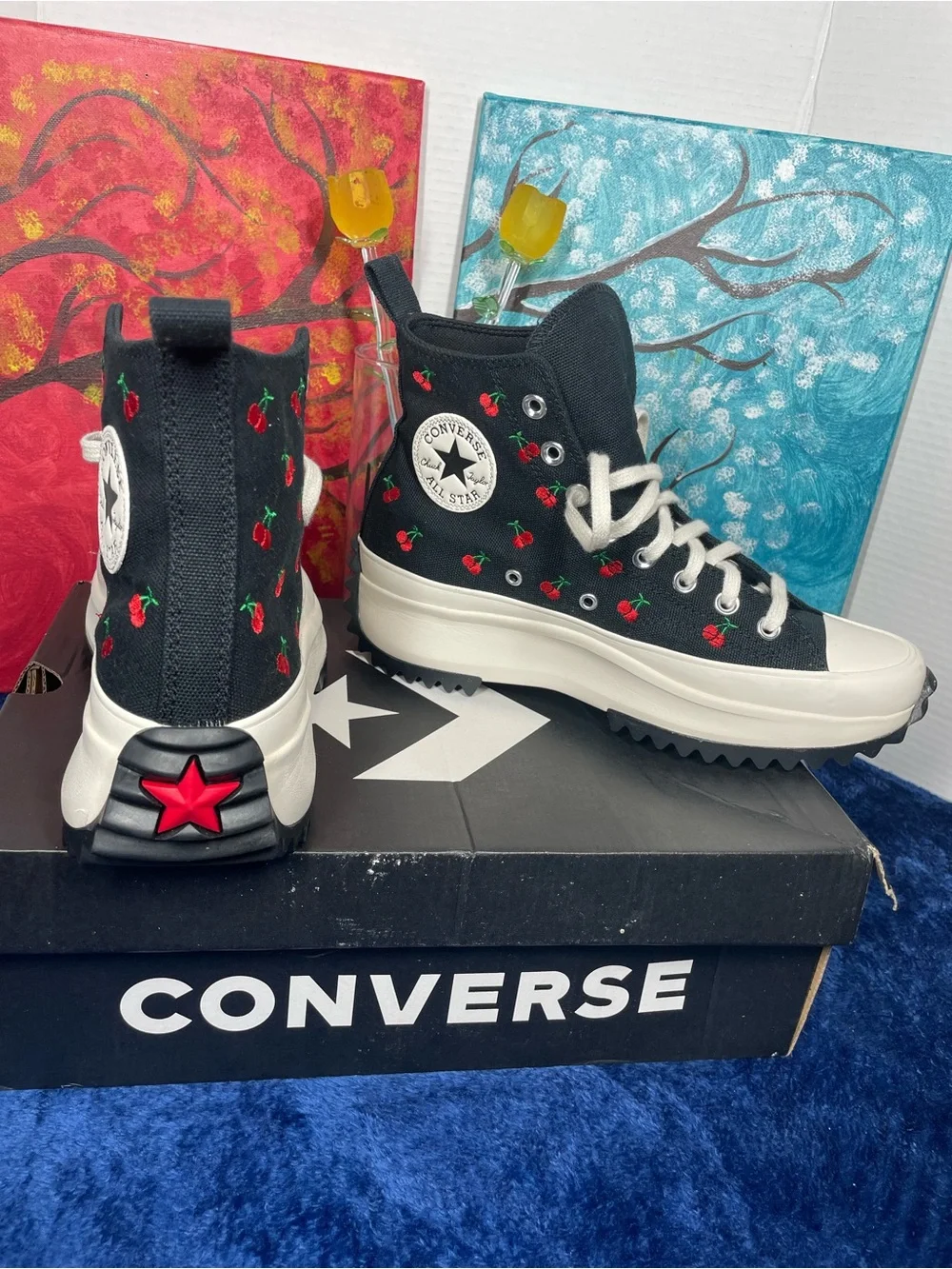 Converse women’s Black High-Top Sneakers size 8.5 with Red Cherry Embroidery.
